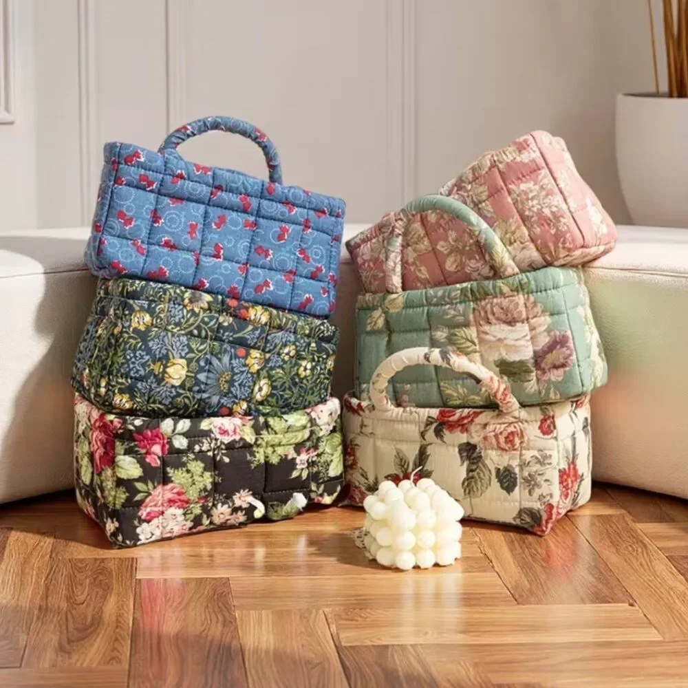 Vintage Floral Quilted Storage Basket Fabric Organizer Bin with Handles